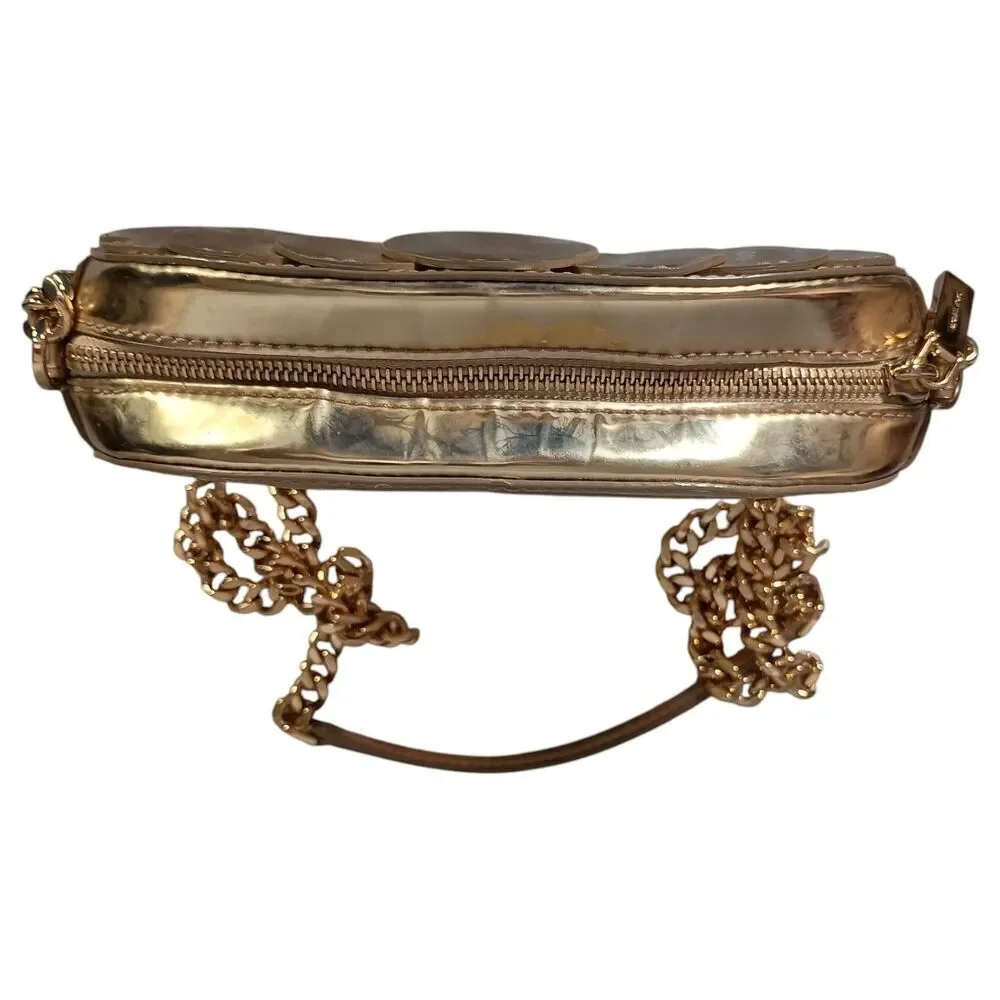 Michael Kors Handbag Small Womens Gold Leather Crossbody Chain Strap Fabric Zip